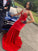 Red Mermaid Velvet Halter Appliques Beading Prom Dress CD12822