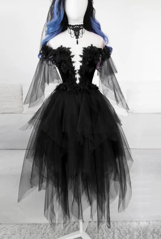 BLACK ROUND NECK TULLE LACE SHORT DRESS BLACK EVENING DRESS Homecoming Dress CD12838