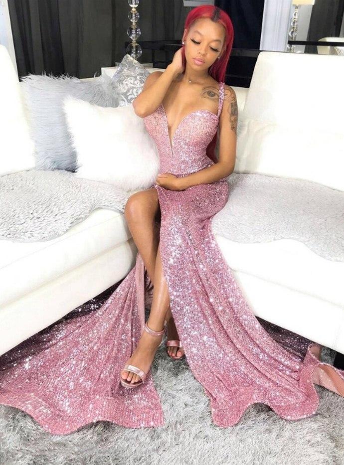 Pink Mermaid Sequins Straps Prom Dress With Split CD12865
