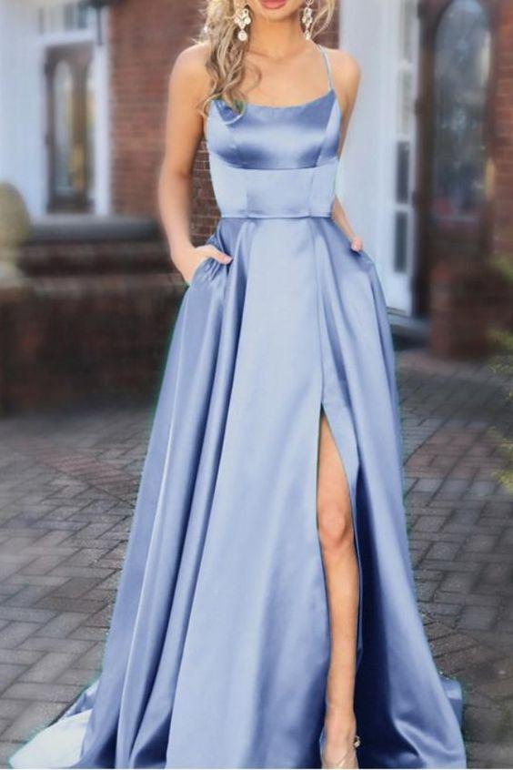 blue bridesmaid dresses, long satin formal prom gowns CD1289
