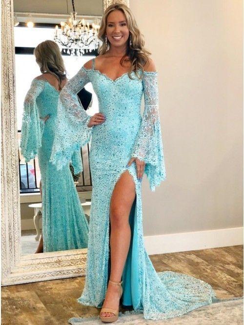 Mermaid Off-the-Shoulder Bell Sleeves Light Blue Lace Prom Dress with Split CD12907