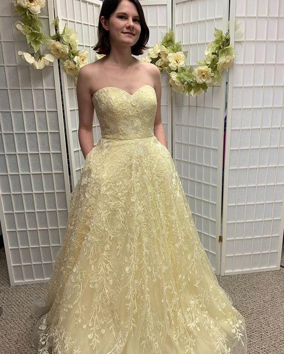 Sweetheart Yellow Lace Long Prom Dress with Pockets CD12910
