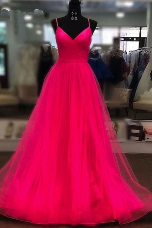Stylish Fuchsia Coral Tulle Prom Dress Sexy Spaghetti Strap A Line Long Evening Dress Prom dress CD12943