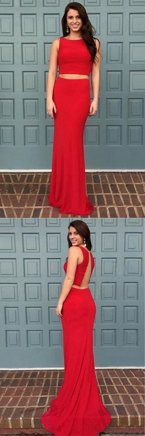 Red Stretch Satin Sleeveless Sweep Train Two Pieces Evening Dress Prom Dresses CD12972
