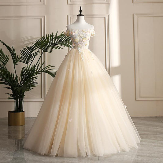 CHAMPAGNE TULLE LACE LONG PROM DRESS, FORMAL DRESS CD1297