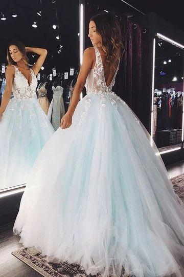 Blue v neck tulle lace long prom dress blue lace formal dress CD13029