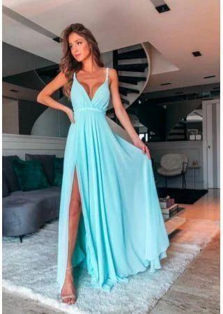 V neck Light Blue A Line Prom Dresses, Sexy Slit Long Evening Dress CD13056