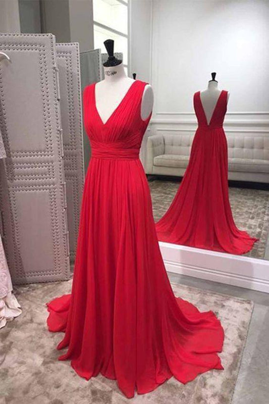 Simple red chiffon V neck long bridesmaid dress, red prom dress CD13067