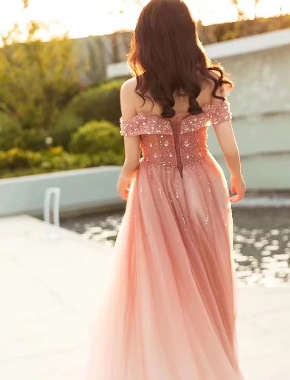 Beautiful Pink Tulle Gradient Beaded Off Shoulder Party Dress, Pink Prom Gown CD13081
