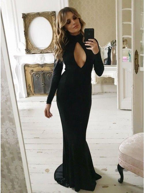 Long Sleeves Black Prom Dress With Keyhole Front CD13166