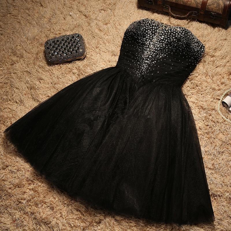 Black Sparkle Beaded Sweetheart Tulle Black Homecoming Dress CD13176