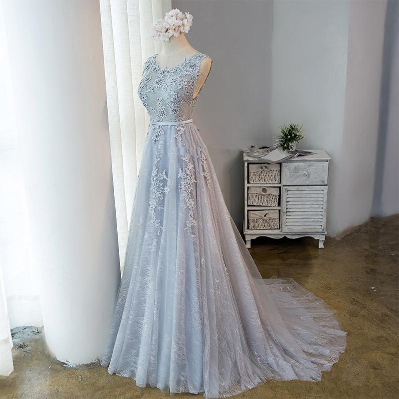 Beautiful Light Grey Tulle Backless Long Party Dress, A-Line Junior Prom Dress CD13177