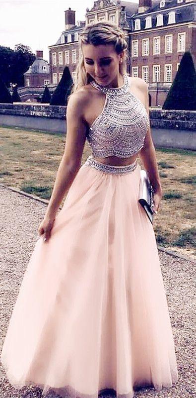 Two Piece Prom Dresses Pink Long Formal Dresses Tulle Evening Dress Formal Gowns CD1317