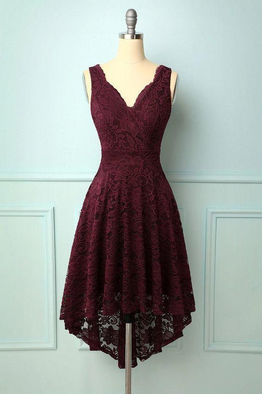 Burgundy V-Neck Lace Homecoming Dress CD13181