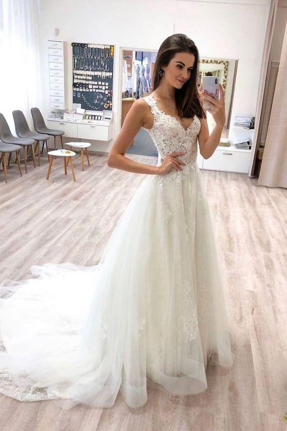 Elegant White v neck tulle lace long prom dress lace formal dress CD13195