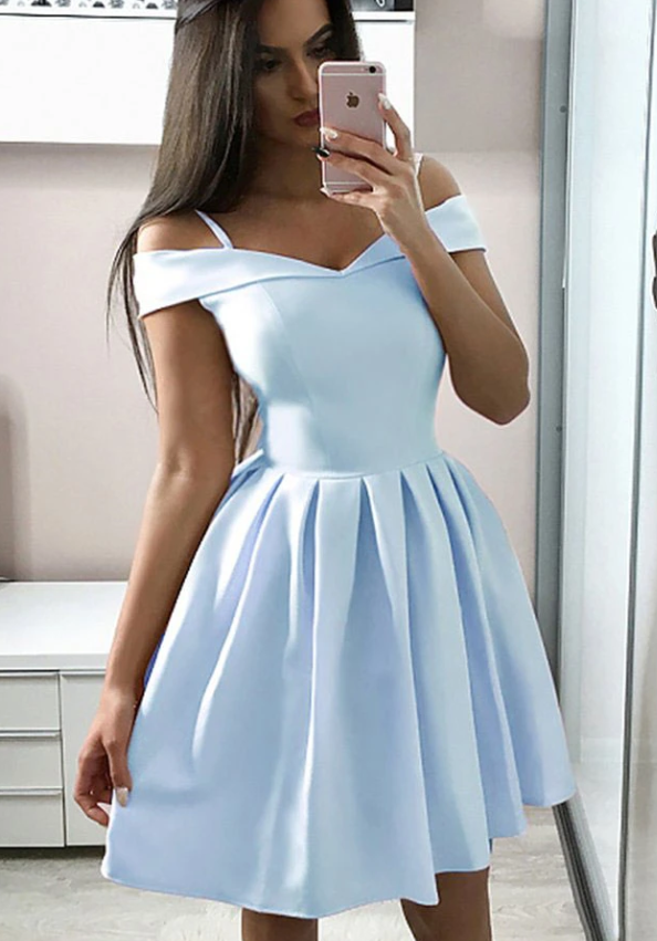 Homecoming Dress Blue off shoulder satin short prom dress blue cocktail dress CD13264