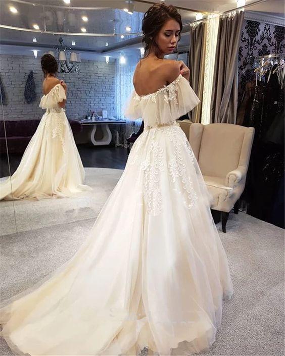 Charming Off Shoulder Lace Top Wedding Dress, Tulle A-Line Applique Prom Dress CD13298