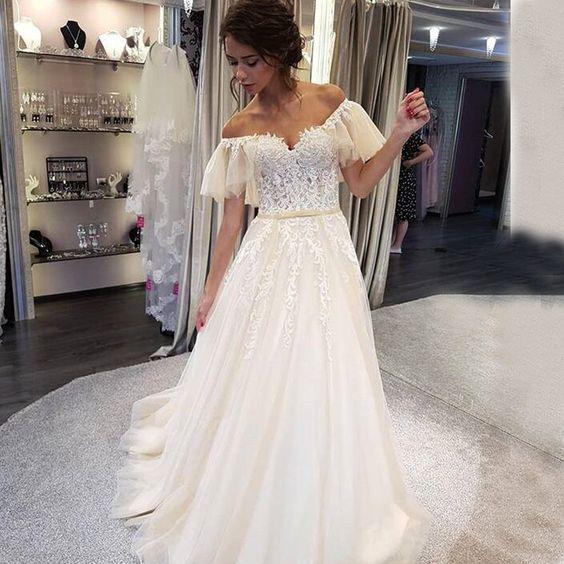 Charming Off Shoulder Lace Top Wedding Dress, Tulle A-Line Applique Prom Dress CD13298