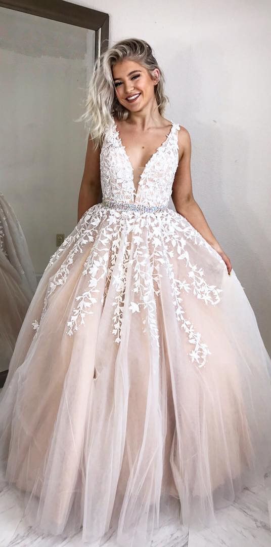 A-line Long Prom Dresses with White Lace Appliques CD132