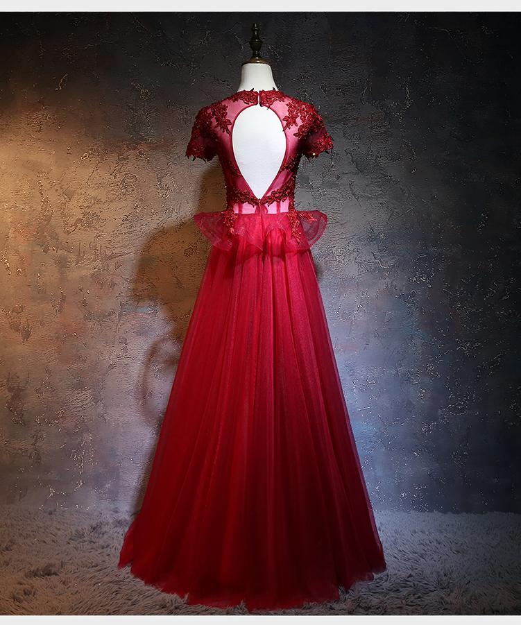 Beautiful Red Tulle Long Prom Dress, A-Line Cap Sleeves Formal Dress 2024 CD13302