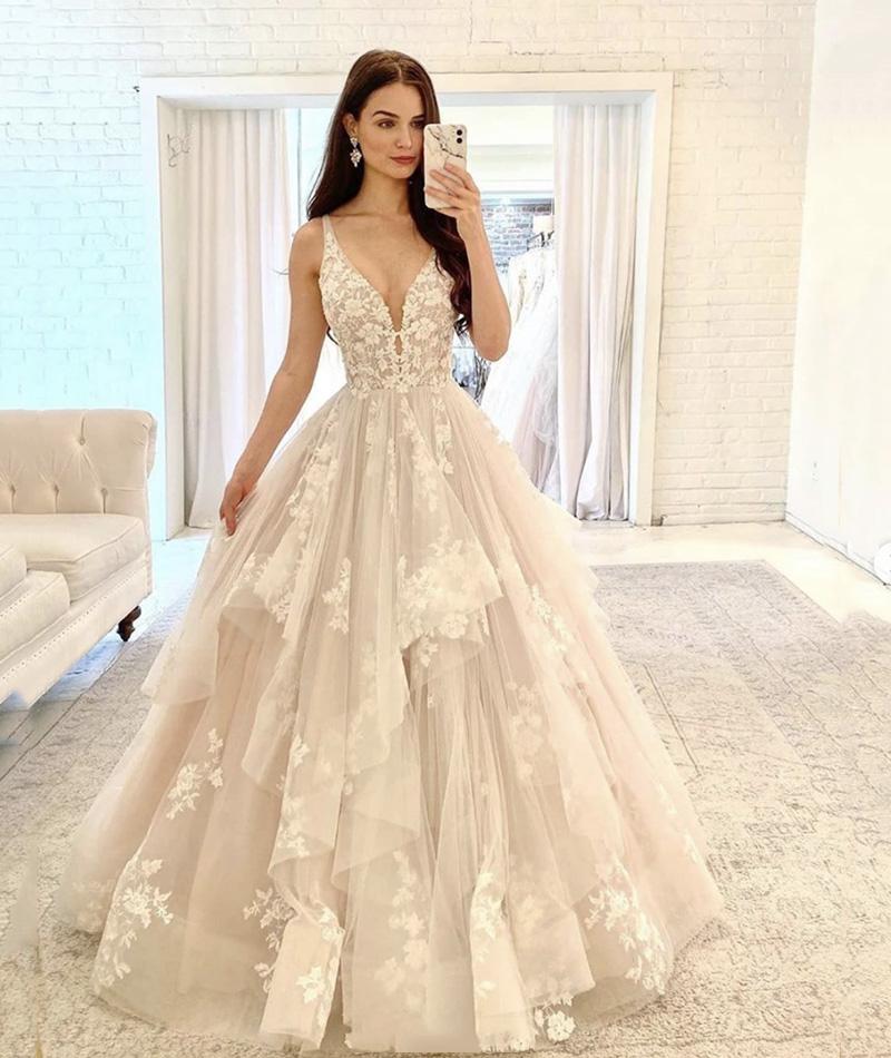 A LINE V NECK TULLE LACE LONG BALL GOWN PROM DRESS FORMAL DRESS CD13374