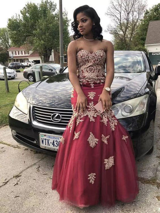 African Burgundy Prom Dresses Tulle Mermaid Sweetheart Long Party Dress Beading Gold Appliques CD13384