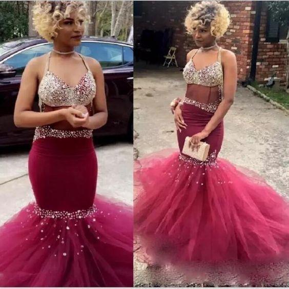 African Burgundy Prom Dresses Crystals See Through Tulle Formal Dress for Wedding Party CD13385