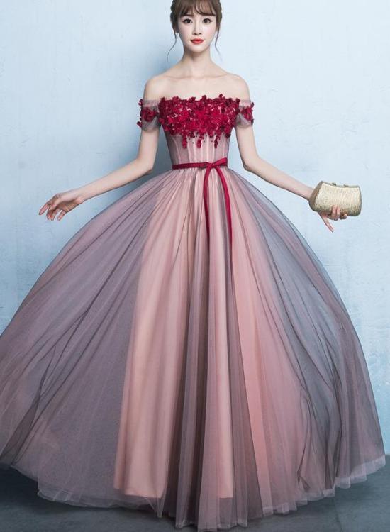 Pink Off Shoulder Floor Length Bridesmaid Dress, A-Line Off Shoulder Prom Dress CD13425