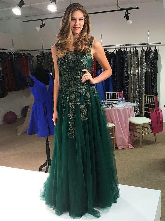 A-Line Round Neck Dark Green Prom Dress with Appliques Sequin Evening Dress CD13516