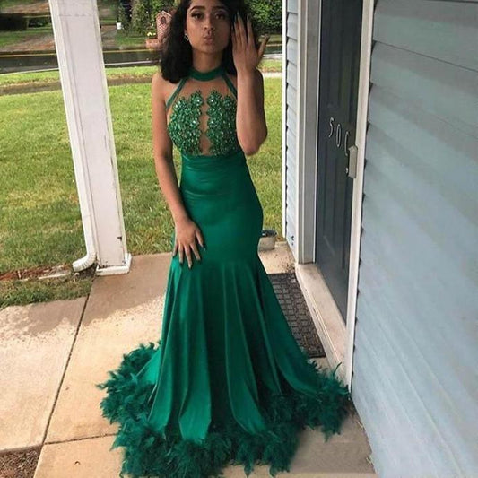 new lace applique feather green sexy mermaid black girl prom dress beautiful evening gown custom CD13523