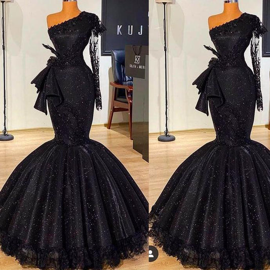 black prom dresses 2024 one shoulder long sleeve lace sequins sparkly bow mermaid long evening dresses gowns CD13524
