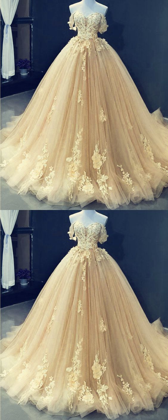 champagne prom dresses tulle princess ball gown lace off shoulder CD13527
