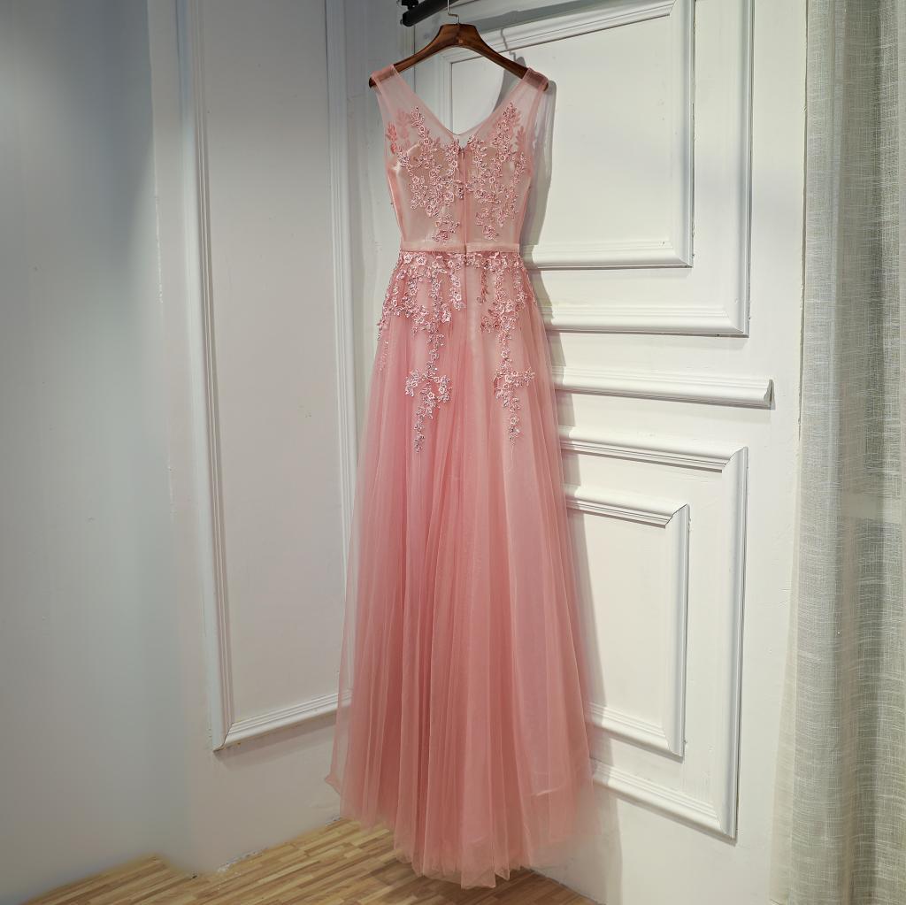 Pink V-Neckline Tulle Long Party Dress, Pink Prom Dress Formal Dress CD13565