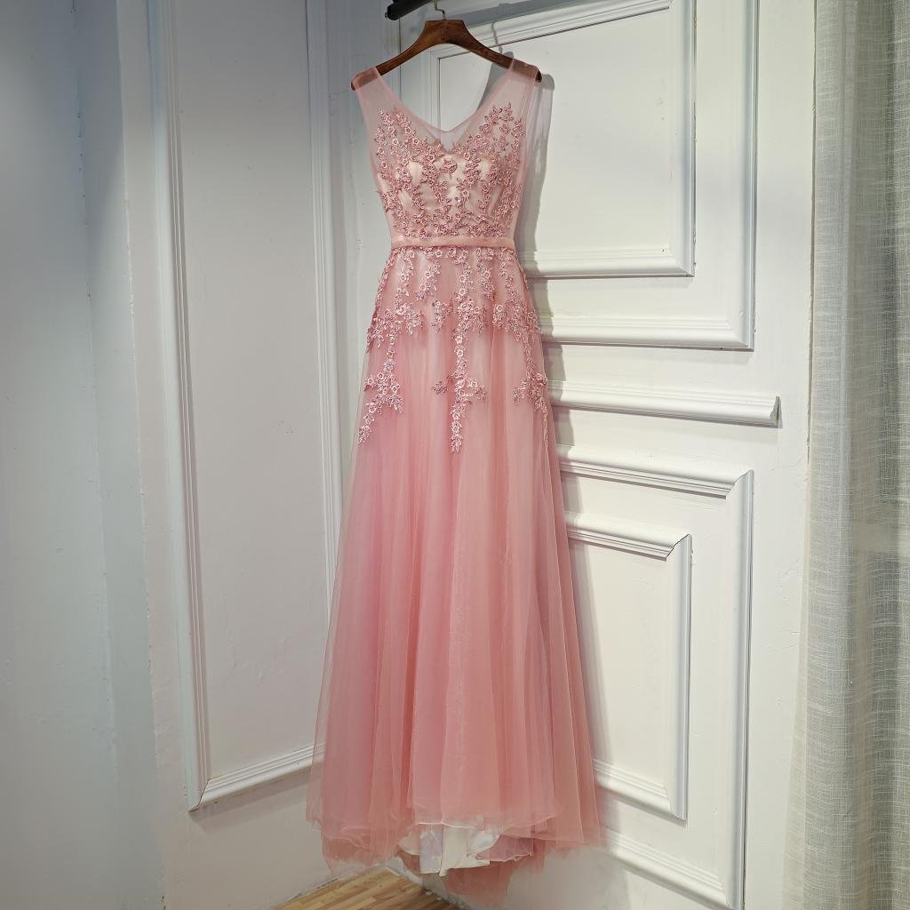 Pink V-Neckline Tulle Long Party Dress, Pink Prom Dress Formal Dress CD13565