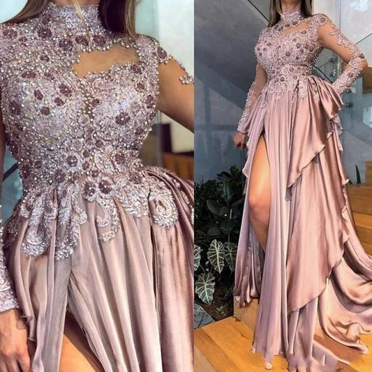 Arabic High Neck Evening Dresses Illusion Long Sleeves Prom Dress With Beads Sequins Appliques Side Split Plus Size Party Gown CD13614