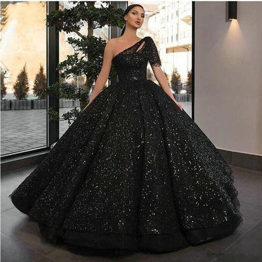 2024 Sparkly Glitter Sequin Prom Dresses One Shoulder Black Ball Gown Beads Evening Gowns CD13623