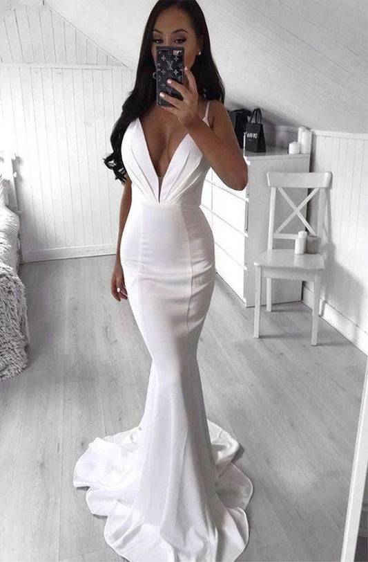 White v neck spaghetti straps long prom dress mermaid evening dress CD13637