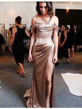Sheath Off-the-Shoulder Slit Leg Champagne Prom Dress with Ruched CD13652