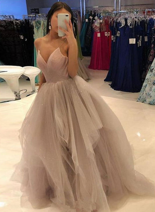 Stylish v neck tulle long prom gown, evening dress CD1372