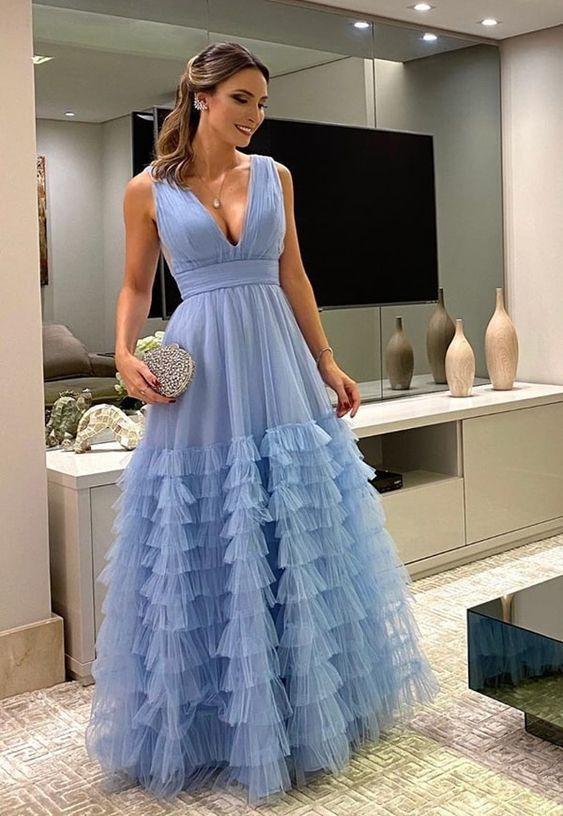 Blue A-line V Neck Long Prom Dress CD13738