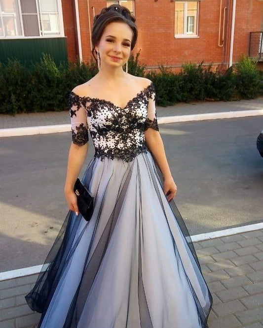 Black/White Prom Dress, Tulle Wedding Dresses, Off the Shoulder Prom Dresses, Appliques Prom Gown CD13790