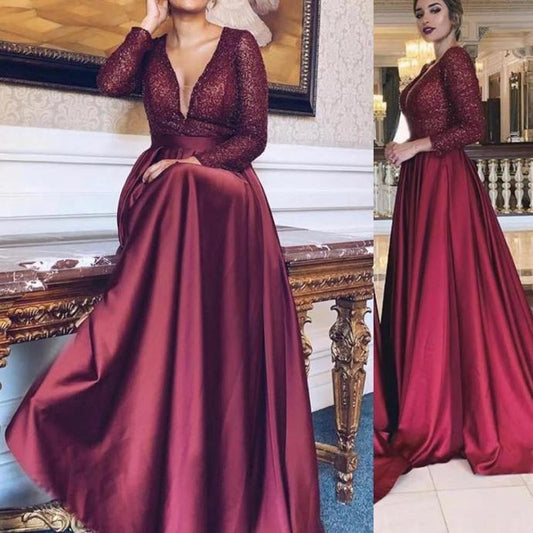 burgundy prom dresses 2024 deep v neck sequins satin red long sleeve evening dresses CD13803