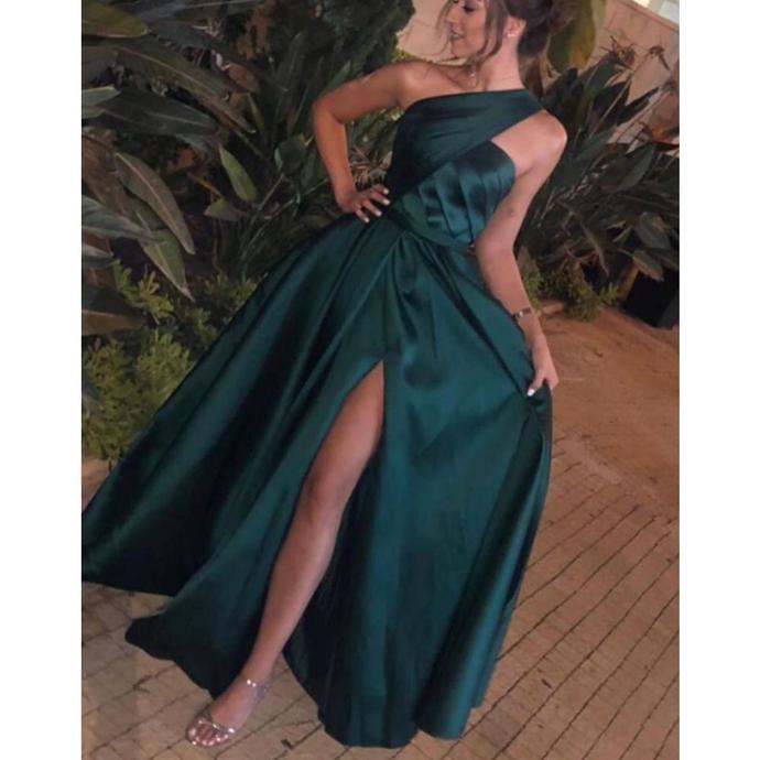 green prom dresses 2024 pleats side slit satin floor length evening dresses CD13804