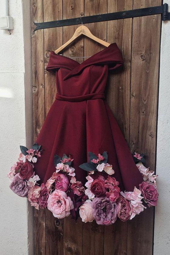 Burgundy tulle applique short dress, burgundy homecoming dress CD1380