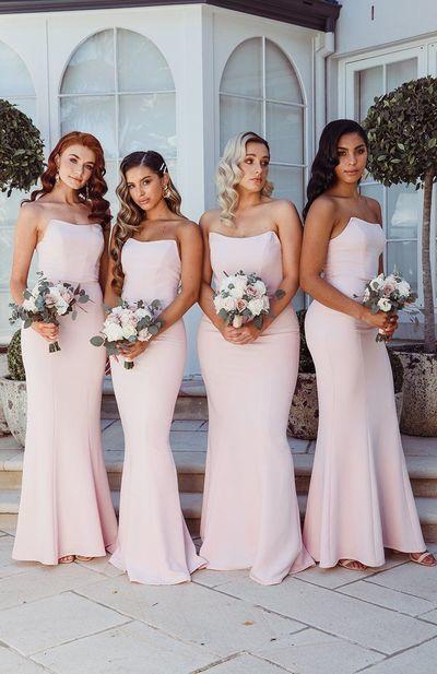 Light Pink Strapless Mermaid Satin Bridesmaid Dresses, Pink Wedding Party Dress Long Prom Dress CD13882