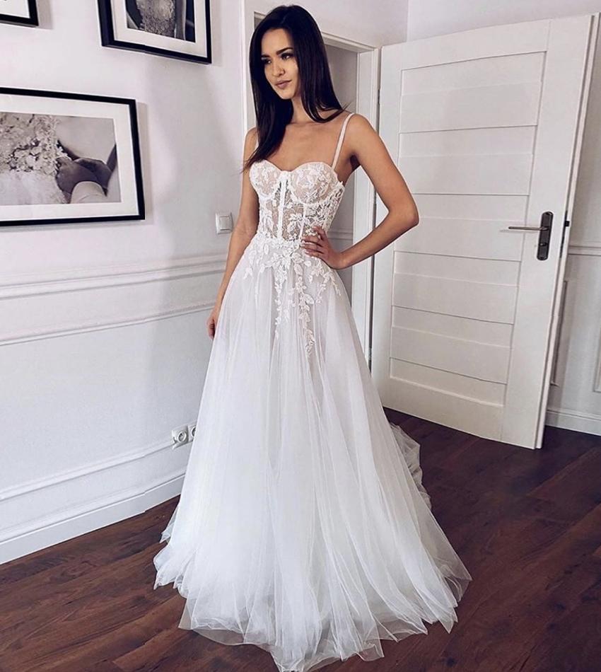 WHITE TULLE LACE LONG PROM DRESS EVENING DRESS CD13904