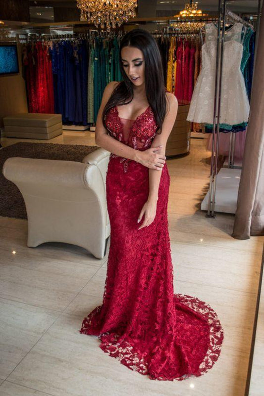 Dark Red Lace Mermaid Prom Dress with Lace CD13910