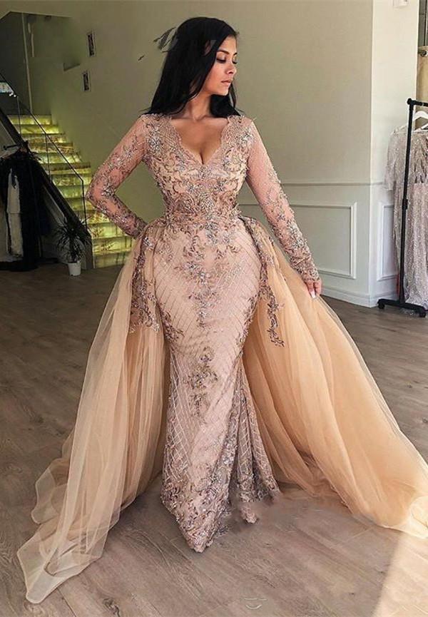 champagne prom dresses 2024 long sleeve detachable skirt lace beaded floor length evening dresses gowns CD13920