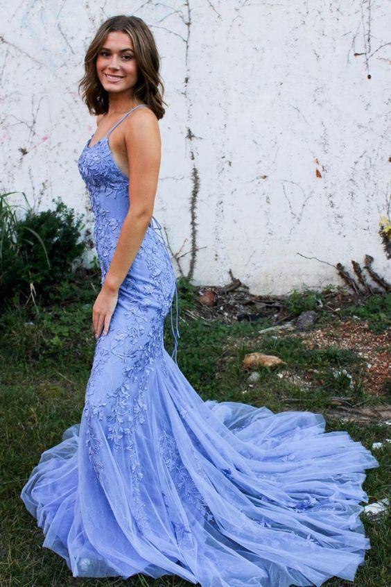 Blue Lace Mermaid Long Prom Dress CD13952