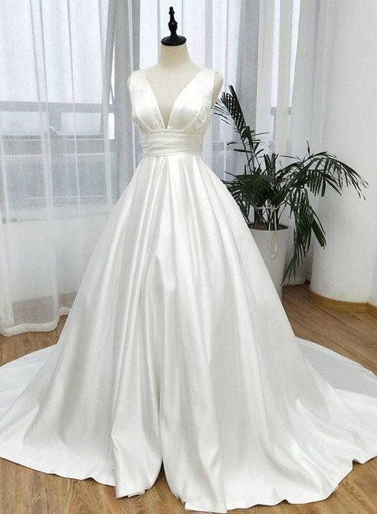 White v neck satin long prom dress, white evening dress CD1399